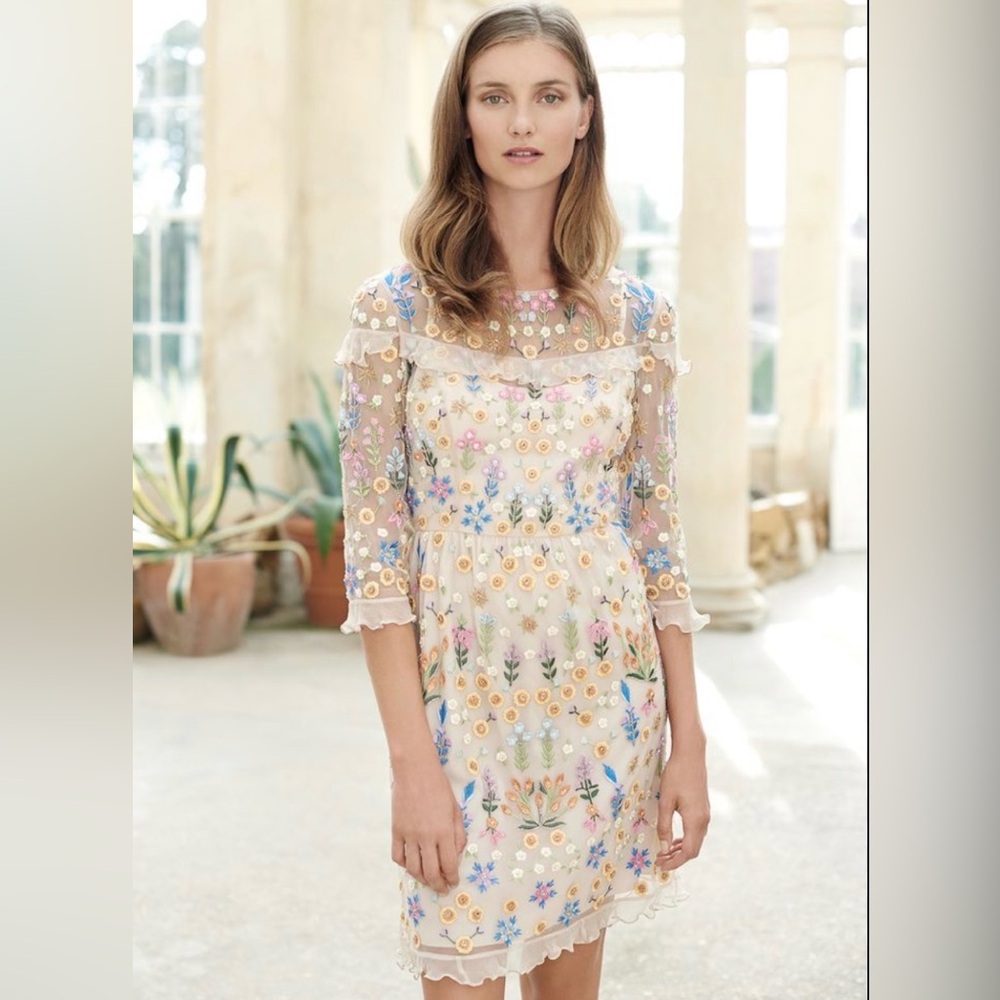 Needle & Thread Floral Embroidered Tulle Dress Nude Mesh Beaded UK 12 US 8🌸